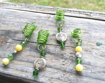 Green Enameled Copper 4 Pc Loc Jewelry Set, Braid Adornment, Hair Bead, Dreadlock Jewelry, Locks, Hair Cuff, Hair Accessory