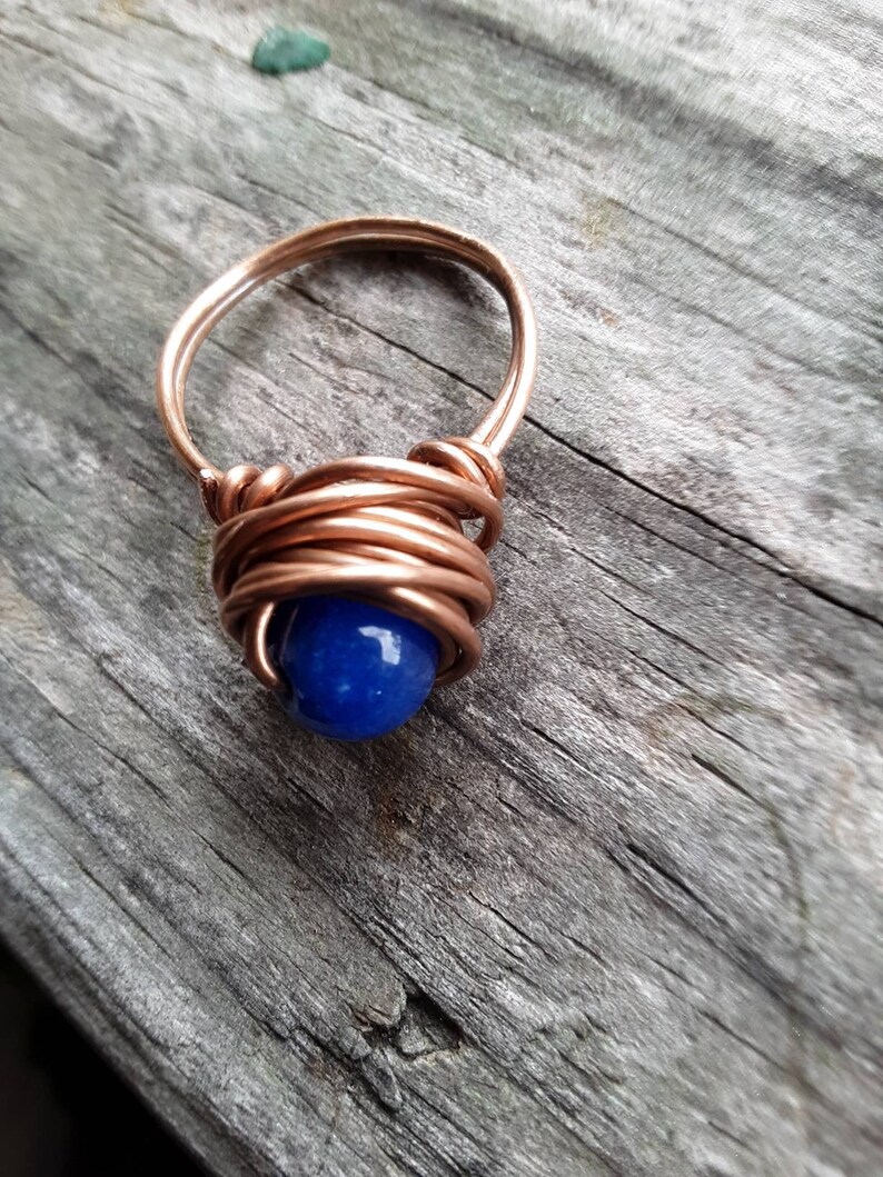 Jade Copper Ring Dyed Blue Size 8