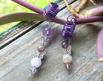 Purple Butterfly 2pc Loc Jewelry Set with Amethyst and Rose Quartz, Gemstone Hair Accessory, Butterfly Loc Jewelry Set, Purple Loc Jewelry,