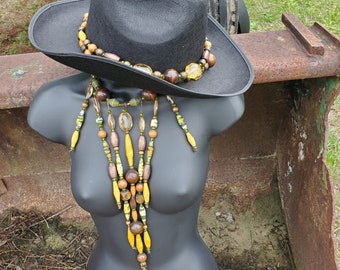 Safari Sunshine" Cowgirl Ensemble, Yellow and Green 4pc set, necklace, bracelets, hat, belt