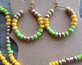 Sunny Sands -Yellow and Lime Green Earrings and Waistbead Set, Summer Jewelry Set, Waistbead Earring Bundle, 2pc Set,