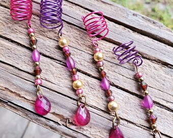 4 Piece Pink and Purple Loc Jewelry Set, Hair Coils, Hair Beads, Pink Loc Jewels, Purple Loc Jewels, Loc Jewelry Set, Women's Loc Jewelry