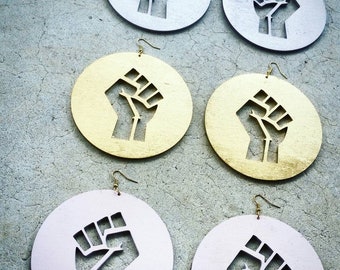 Empowerment" -Big Bold Power Fist Earrings, 4" Large Painted Wooden Earrings, Gold or Rose Silver