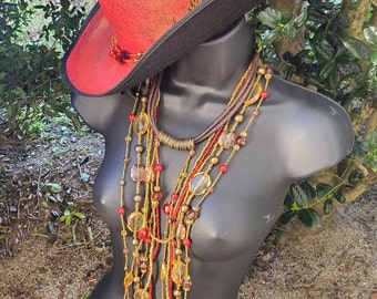 Scarlet Sunset" Cowgirl Ensemble, 3 PC Set, Red, Gold, Earthtone Necklace, Cowboy Hat, Wrap Bracelet