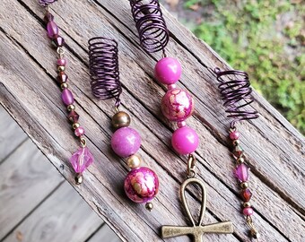 Magenta Jade Pink and Purple Ankh Loc Jewelry 4pc Set, Dreadlock Hair Coils, Braid Coils, Hair Accessory, Loc Jewelry Hair Coils, 4 pieces