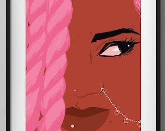 Black Women Art Print Poster Portrait Braids Natural Hair Pink Punk Melanin Lips Ethnic Girl Urban Home Afropunk Wall Decor People Fashion