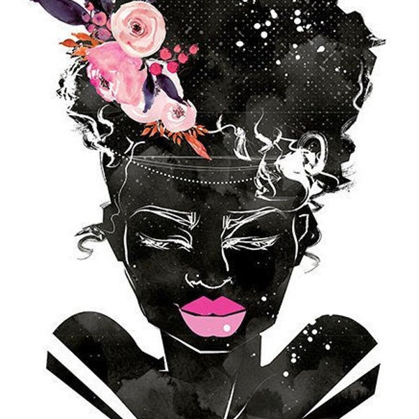 Black Women Art Print Poster Natural Hair Botanical Cute Afro African Bridal Boho Pink Melanin Flower Crown Hippie Girly Woman Mothers Day