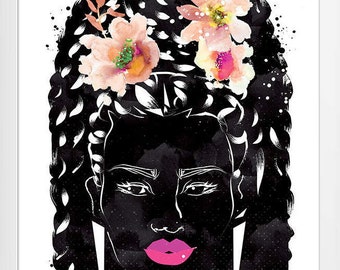 Black Women Art Print Poster Natural Hair Botanical Cute Afro African Bridal Boho Pink Easter Melanin Home Crown Hippie Feminine Woman