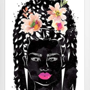 Black Women Art Print Poster Natural Hair Botanical Cute Afro African Bridal Boho Pink Easter Melanin Home Crown Hippie Feminine Woman image 1