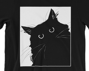 Unisex Gothic Black Cat Lover Gift Art Animal Kitty Feline Chat Noir Cute Halloween Preppy Kitten Eyes Illustration Graphic T-Shirt Tee