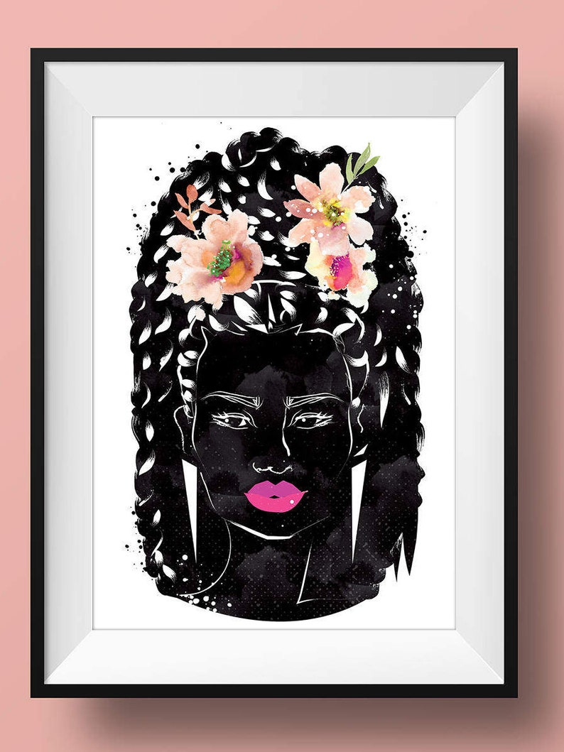 Black Women Art Print Poster Natural Hair Botanical Cute Afro African Bridal Boho Pink Easter Melanin Home Crown Hippie Feminine Woman image 1