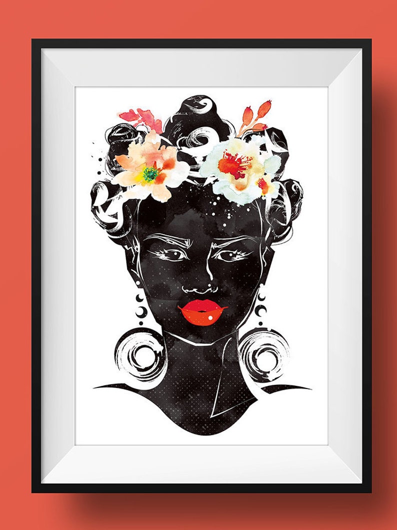 Tropical Black Women Wall Art Print Poster Woman Home Bohemian Afro Natural Melanin Orange Boho Ethnic Pink Bantu Easter Feminine Fashion image 5