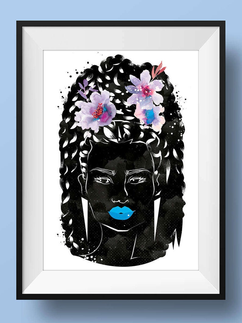 Black Women Art Print Poster Natural Hair Botanical Cute Afro African Bridal Boho Pink Easter Melanin Home Crown Hippie Feminine Woman image 2