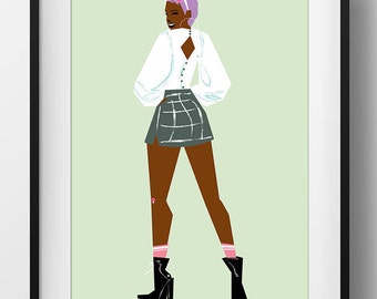 Black Women Girl Wall Art Print Poster Schoolgirl Woman Cute Retro Mod Home Office Decor Print Carefree Fall Dress Girls Pinup Fashion Model