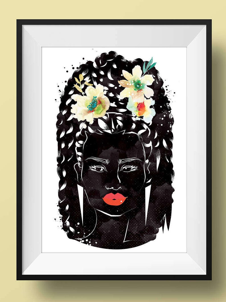 Black Women Art Print Poster Natural Hair Botanical Cute Afro African Bridal Boho Pink Easter Melanin Home Crown Hippie Feminine Woman image 3