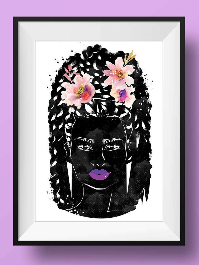 Black Women Art Print Poster Natural Hair Botanical Cute Afro African Bridal Boho Pink Easter Melanin Home Crown Hippie Feminine Woman image 5