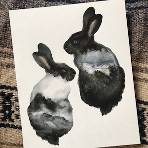 8x10” Dutch Rabbit Mountain Bunny Watercolor Style Art Print Colorado Adventure Woodland Bun Black White