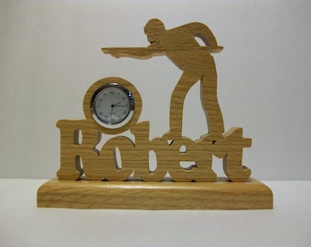 Personalized Desk Clock, Billiard Player standing on top of players name, custom made