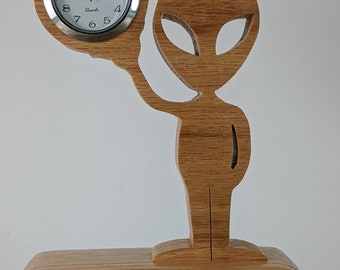Handmade Solid Oak Alien Desk Clock - Novelty Timepiece