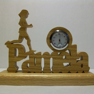 Personalized Desk Clock, Female runner on top of runner&#39;s name, custom