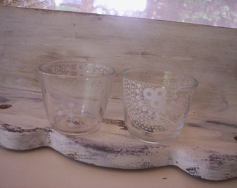 Two Clear and white vintage glass candle holder/Glass candle tea light  holder/Holiday candle holder/Fall decor/Stencil Glass candle holder