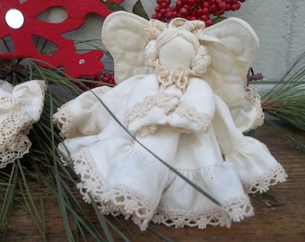 Vintage Christmas doll fabric ornament/Christmas decor/Holiday decor/Folk art fabric angle ornaments/Tree decor/Fabric lace angel ornaments