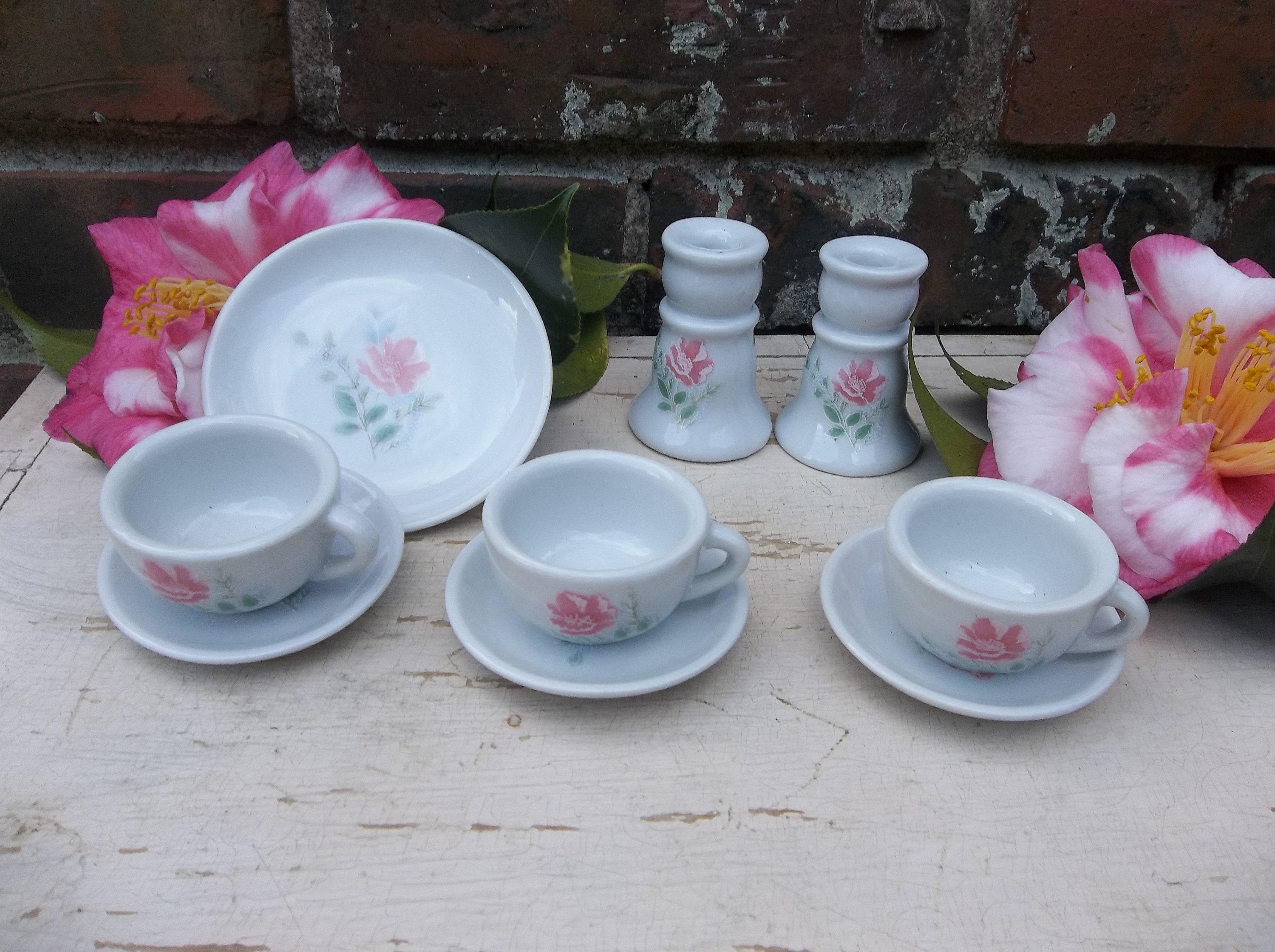Vintage Mini Tea Set/Spring Doll house Miniature tea set/Small tea set/Miniature Tea Set,Floral Porcelain Dish,Miniature Candle Holder Pair