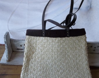 Women woven Summer and Fall handbag/woven handbag/Hand made bag/leather handle corduroy fabric wicker handbag/handwoven brown, beige handbag