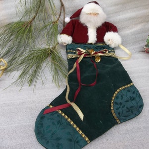 Vintage velvet and polyester santa stocking/Santa surfing stocking/Holiday stocking/Christmas stocking/Vintage Handmade stocking/stocking
