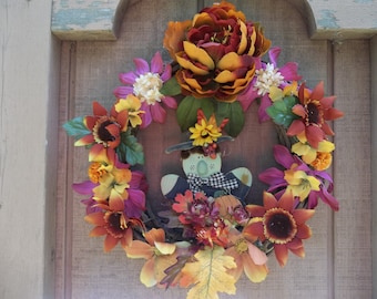 Corona rústica de otoño / Corona de puerta de otoño / Corona de Acción de Gracias / Corona de espantapájaros / Corona de otoño del país / Corona primitiva de otoño / Corona de flores de otoño