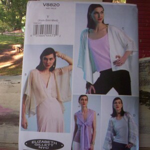 May include: A sewing pattern for a cardigan with a V-neckline and long sleeves. The pattern includes instructions for making four different styles of cardigans, each with a different neckline and sleeve length. The pattern is for sizes X-Small, Small, and Medium.