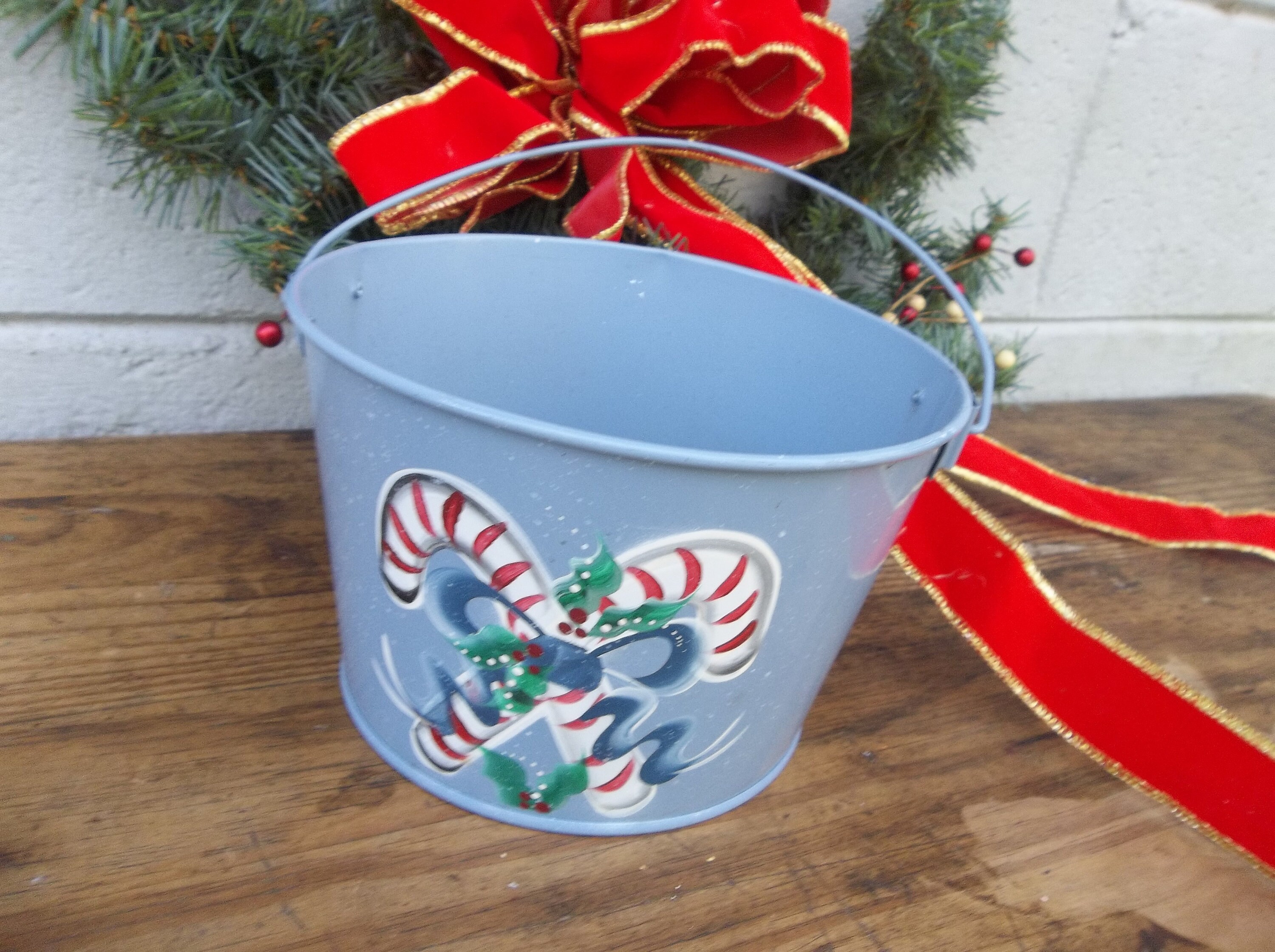 Candy Bucket Hand Hand Painted Metal Bucket/metal Bucket With Handle/holiday Bucket/blue ...