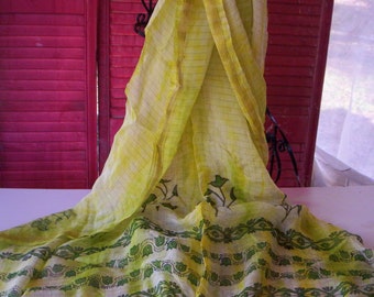 Vintage sheer Shawl/Shawl wrap fabric/Sheer shawl/Spring fabric/Vintage shawl/Head piece/Throw Scarf/Head wrap/Green yellow and gold Shawl