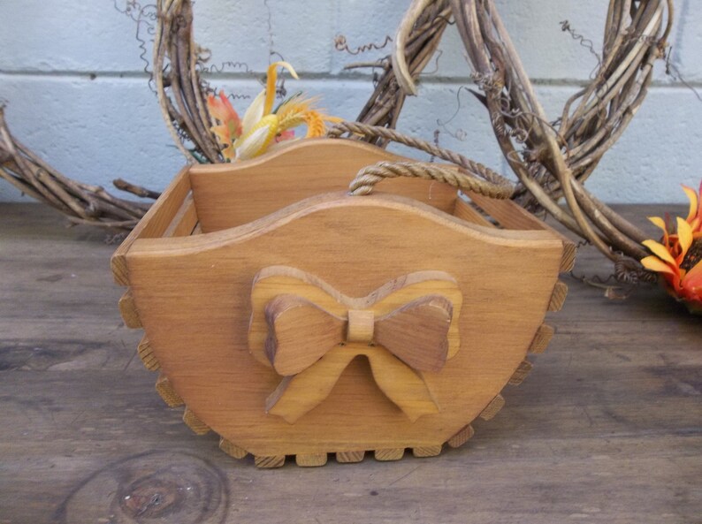 Rustic wood basket/Vintage wood basket/Salvage wood basket/Decorative wood basket/Wood basket with rope handle/Handled Wood Slat Basket image 1