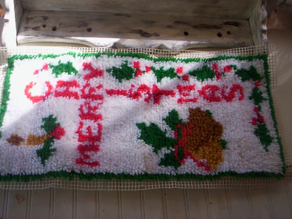 Vintage Christmas rug needlepoint/Unfinished Needlepoint rug/Holiday rug/Christmas yarn needlepoint/Uncompleted rug/Merry Christmas  rug