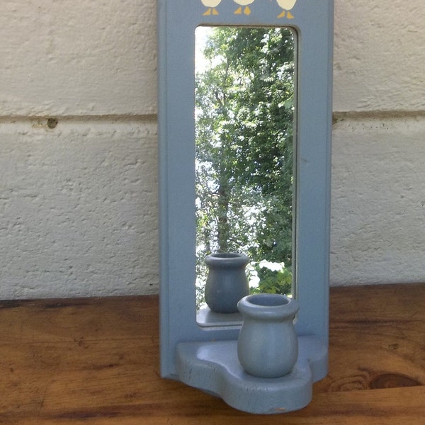 Chic wood & mirror candle wall sconce holder/Vintage wall sconce/Salvage wall sconce/Blue Wood sconce with mirror/Wall mount candle holder