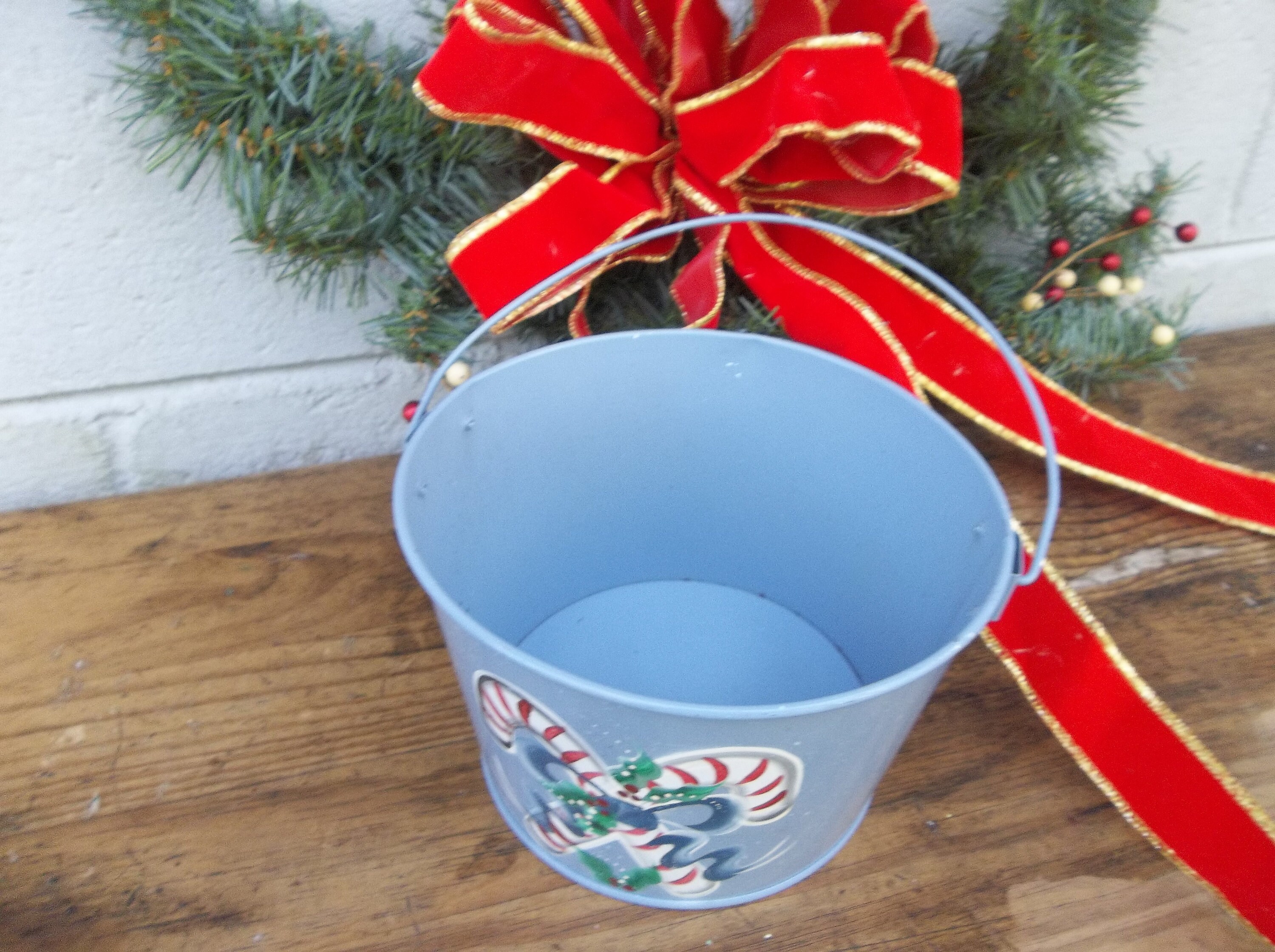 Candy Bucket Hand Hand Painted Metal Bucket/metal Bucket With Handle/holiday Bucket/blue ...