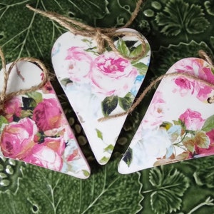 Item # 9. One &quot;Pink Roses&quot; Cottage shabby chic wood hanging heart - doorknob hanger - valentines ornament