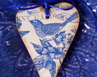 Item # 2. One Cottage Blue Bird Toile Hanging wood Heart - heart ornament - magnet - decoupaged heart - Valentines - doorknob hanger