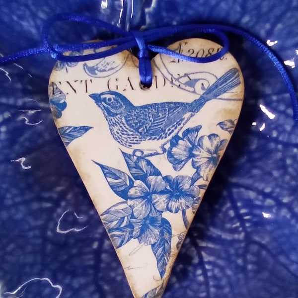 Item # 2. One Cottage Blue Bird Toile Hanging wood Heart - heart ornament - magnet - decoupaged heart - Valentines - doorknob hanger