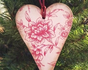 Item #1.  One cottage maroon toile hanging wood heart - valentines heart ornament - refrigerator magnet- doorknob hanger ‐ red toile