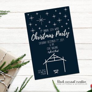 May include: A navy blue invitation card with white text and stars announcing a 3rd annual Christmas party. The text reads "3rd Annual 11th Ward Christmas Party, Saturday December 7th, 2019, 6 PM, Cove Building, Light of Christ". A simple white drawing of a manger is at the bottom of the card.