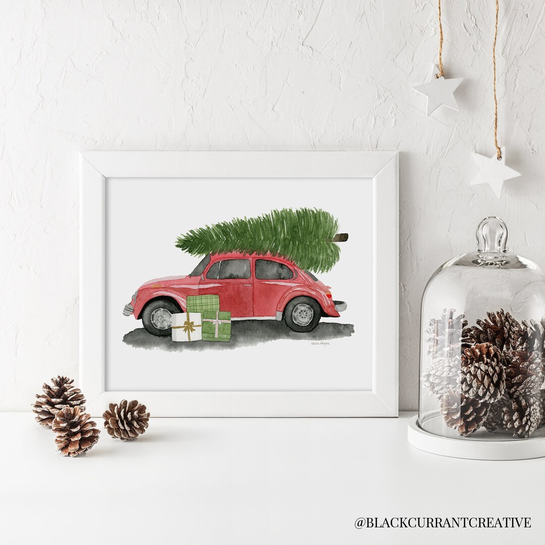 Watercolor Retro Red Car With Tree Print | 8x10 Watercolor Christmas ...