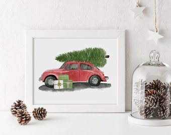 Retro Red Car Christmas Print | 8x10 Watercolor Wall Art
