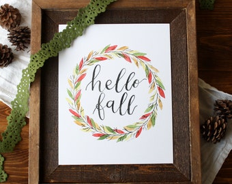 Hello Fall Print, Watercolor Leaf Wreath, Autumn Wall Art