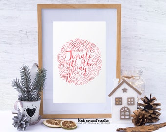 Calligraphy Red Christmas Print | "Jingle All the Way" 8x10 Watercolor Holiday Print