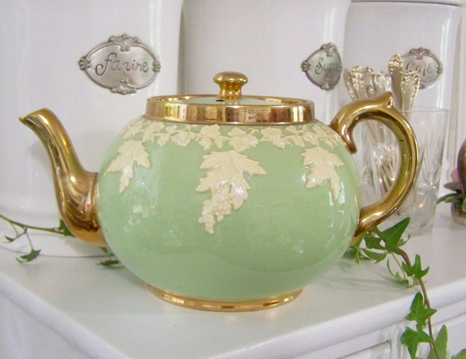 Tea Pot Vintage Staffordshire England Gibsons jadite green Etsy