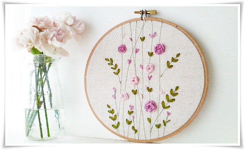Ribbon Embroidery hoop wall art Pink Rose Garden Spring | Etsy
