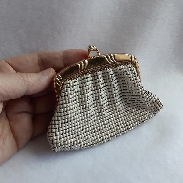 Vintage Signed Whiting & Davis White Enamel and Gold toned Change Purse With Pinch Clasp