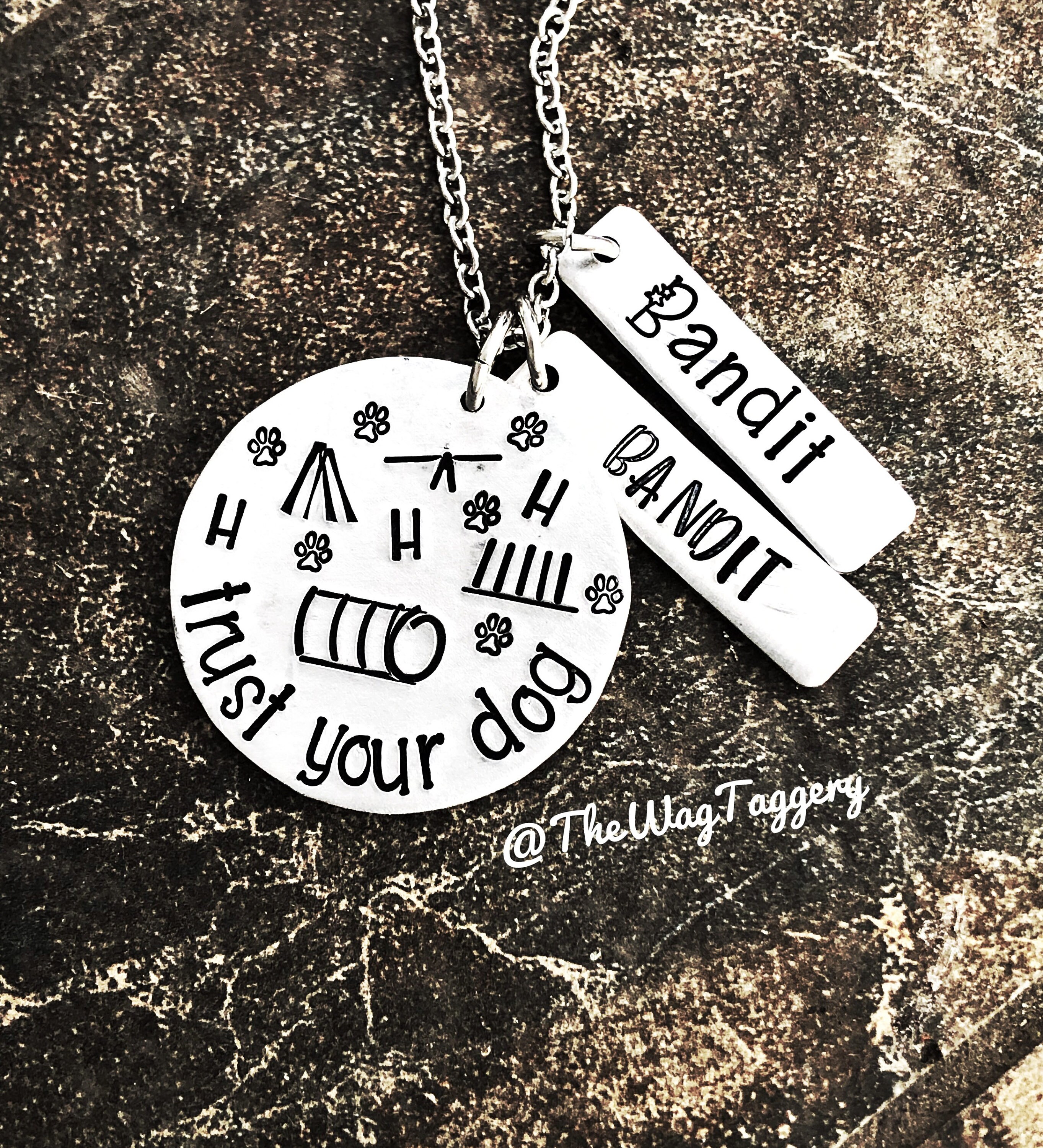 Dog agility necklace - dog names - personalized - hand stamped - gift ideas - MACH - paw prints - gifts for her